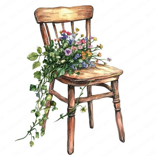 Chair with Wildflower Bouquet fussy cut sheet in A4 format showing all 12 designs on one printable page