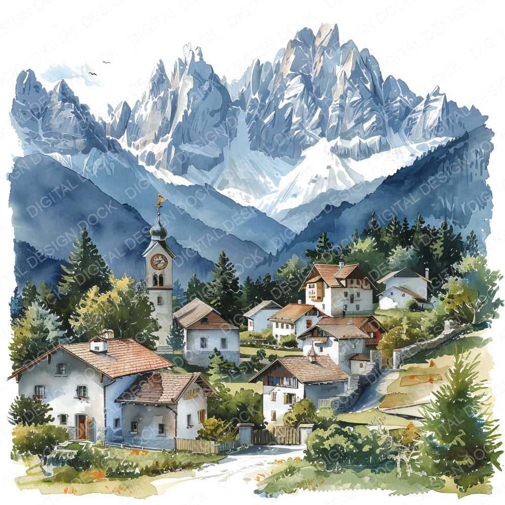 Charming Village in the Swiss Alps fussy cut sheet in A4 format showing all 12 designs on one printable page
