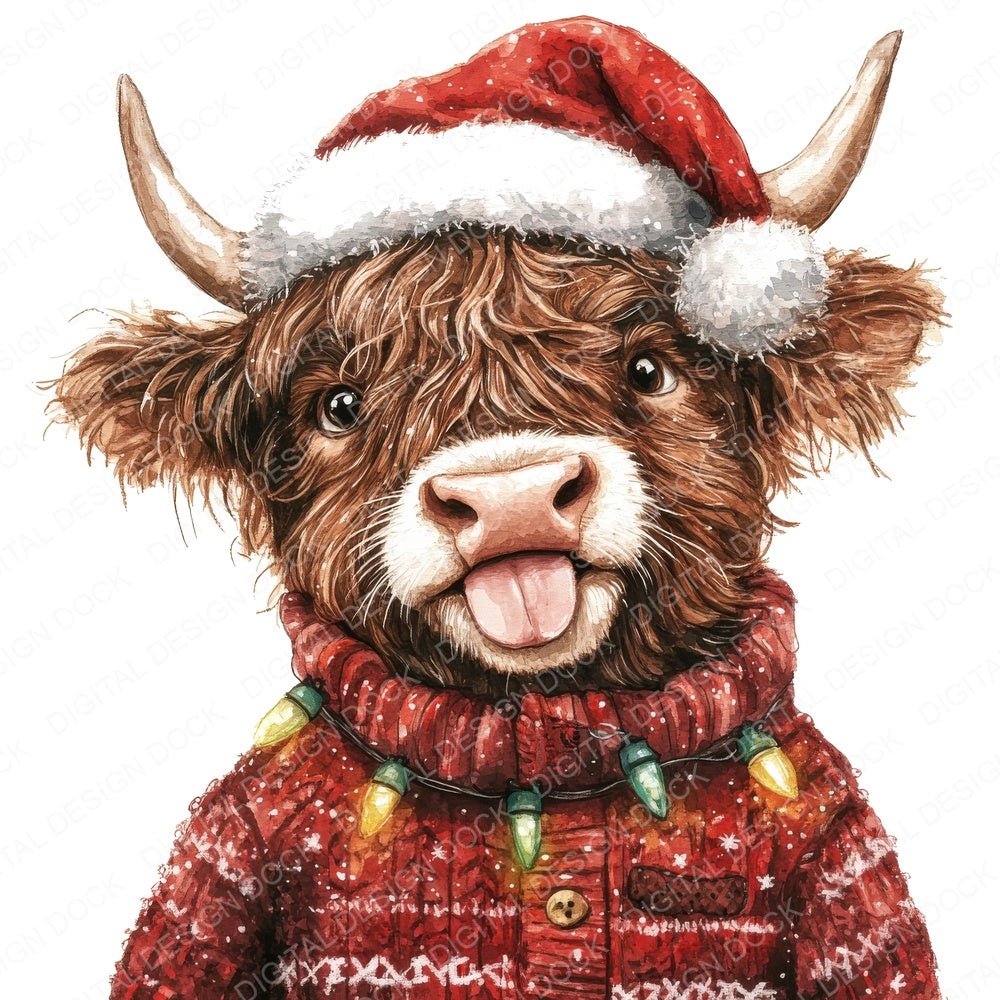Cheeky Christmas Highland Cow fussy cut sheet in A4 format showing all 12 designs on one printable page