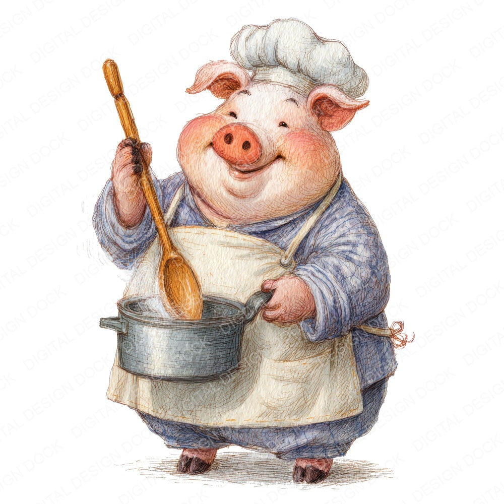 Chef Pig Cartoon fussy cut sheet in A4 format showing all 12 designs on one printable page