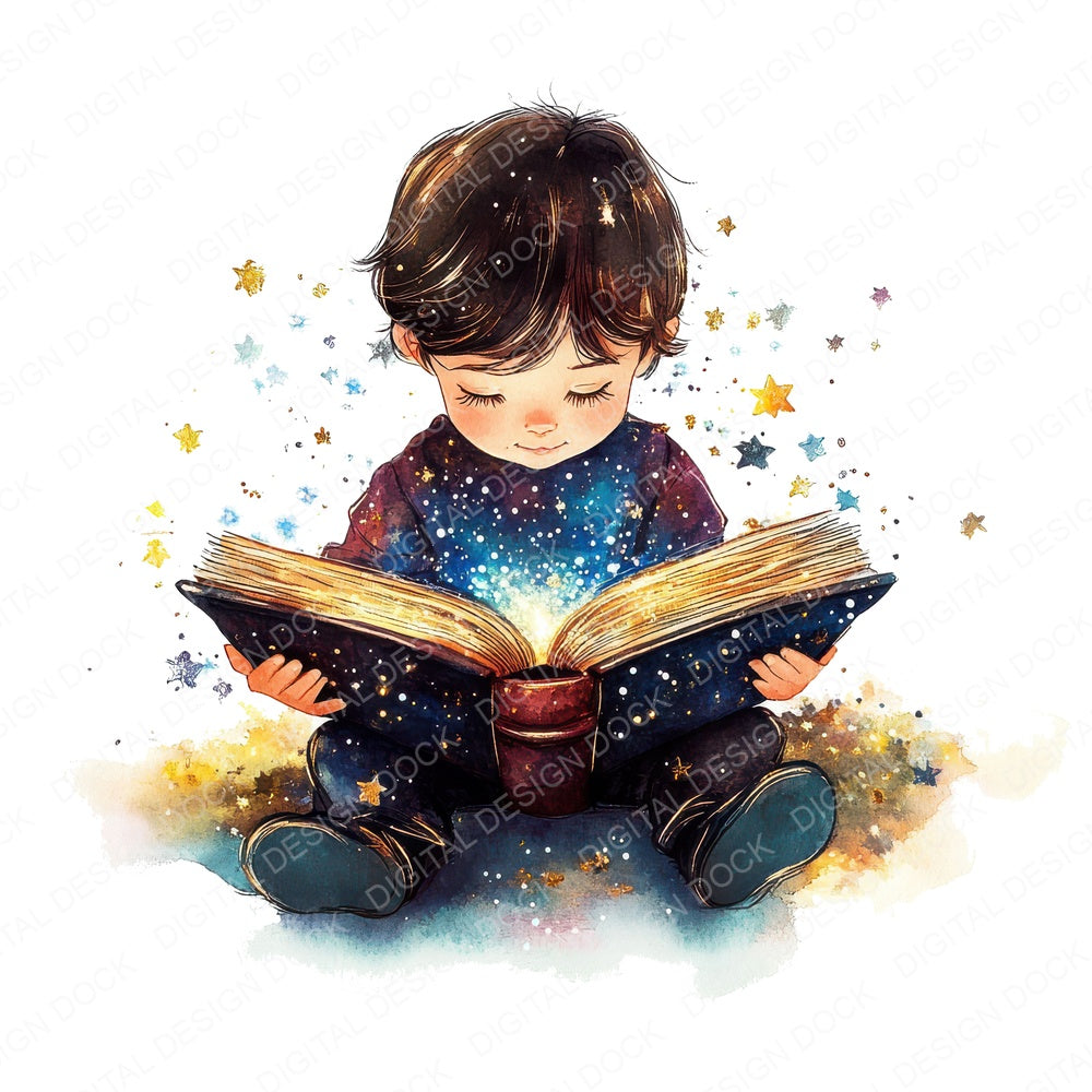 Child Reading Magical Book fussy cut sheet in A4 format showing all 12 designs on one printable page