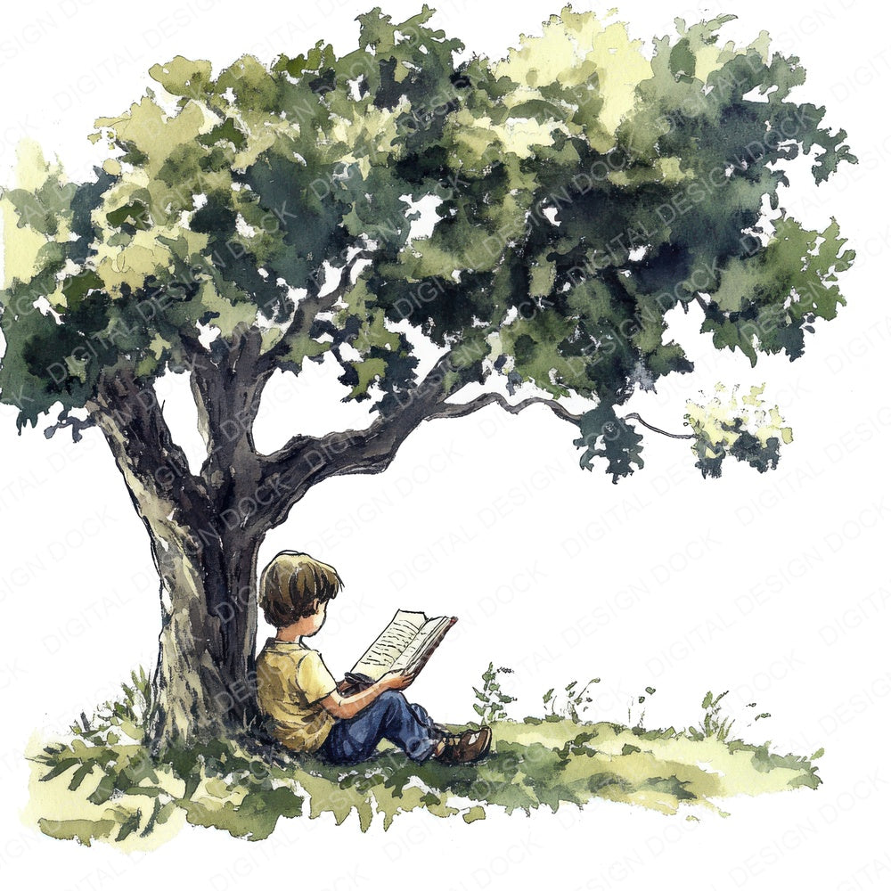 Child Reading Under Tree fussy cut sheet in A4 format showing all 12 designs on one printable page