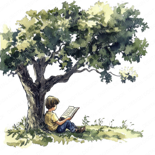 Child Reading Under Tree fussy cut sheet in A4 format showing all 12 designs on one printable page