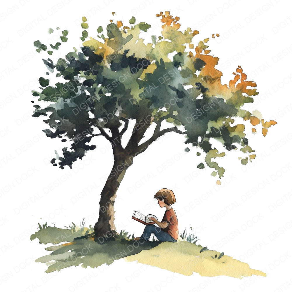 Child Reading Under Tree fussy cut sheet in US Letter format showing all 12 designs on one printable page
