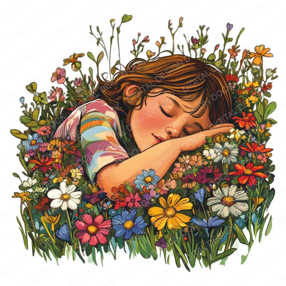 Child Sleeping in Wildflowers Fussy Cut Sheets (DDD009231)