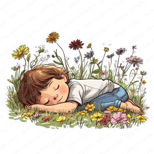 Child Sleeping in Wildflowers fussy cut sheet in US Letter format showing all 12 designs on one printable page