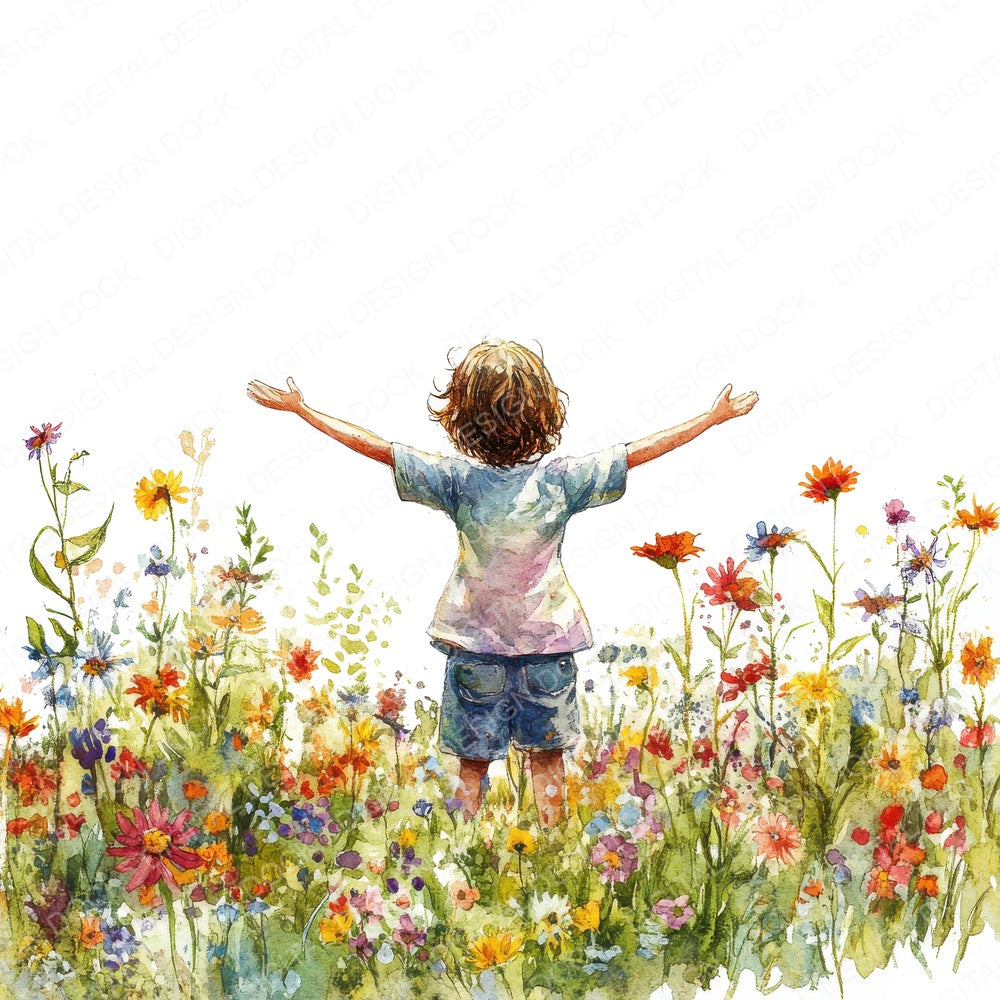 Child in Flower Meadow fussy cut sheet in A4 format showing all 12 designs on one printable page