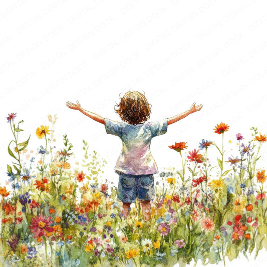 Child in Flower Meadow fussy cut sheet in A4 format showing all 12 designs on one printable page