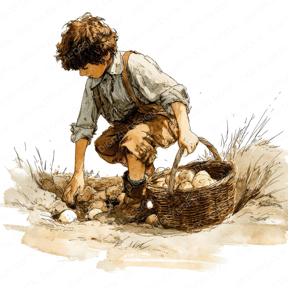 Child in Potato Field fussy cut sheet in A4 format showing all 12 designs on one printable page