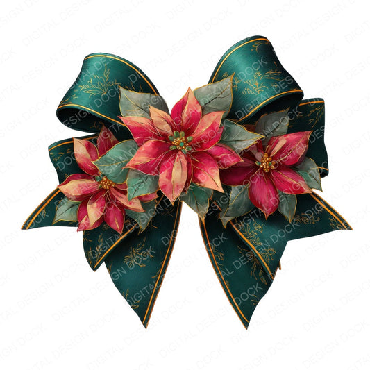 Christmas Bow with Poinsettia fussy cut sheet in US Letter format showing all 12 designs on one printable page