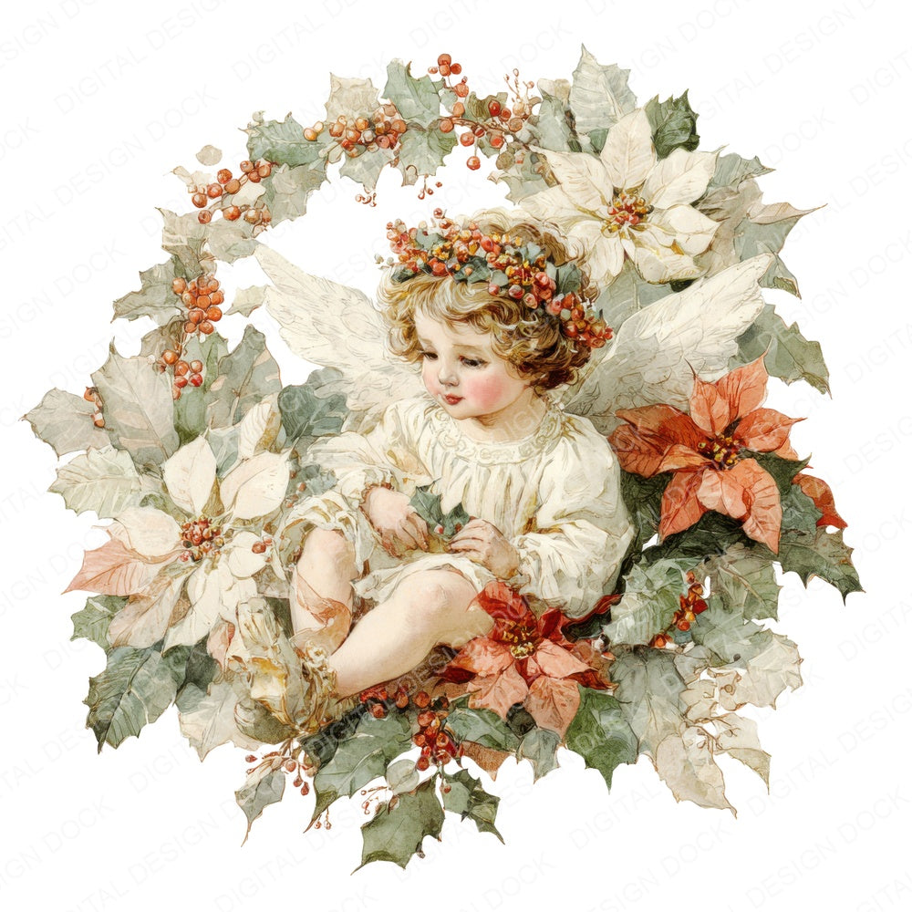 Christmas Cherub with Poinsettia fussy cut sheet in A4 format showing all 12 designs on one printable page