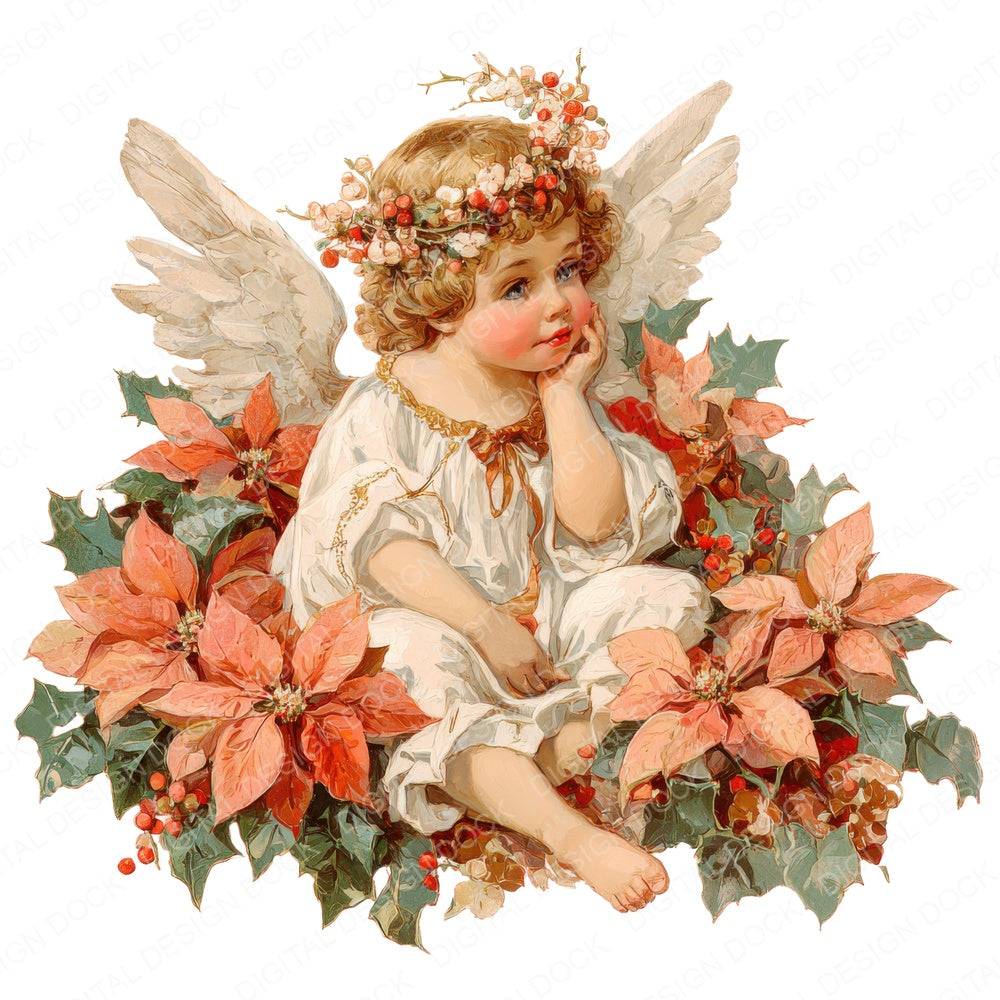 Christmas Cherub with Poinsettia fussy cut sheet in US Letter format showing all 12 designs on one printable page