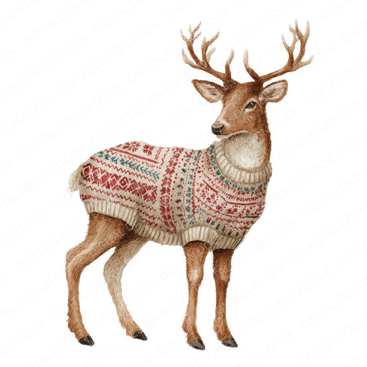 Christmas Deer in Jumper fussy cut sheet in A4 format showing all 12 designs on one printable page