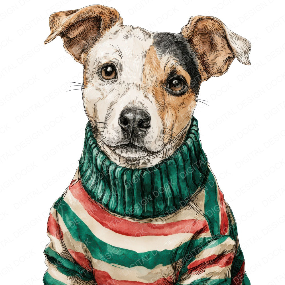 Christmas Dog in Jumper fussy cut sheet in A4 format showing all 12 designs on one printable page