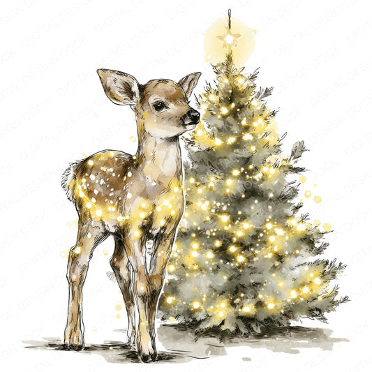 Christmas Fawn with Lights fussy cut sheet in A4 format showing all 12 designs on one printable page