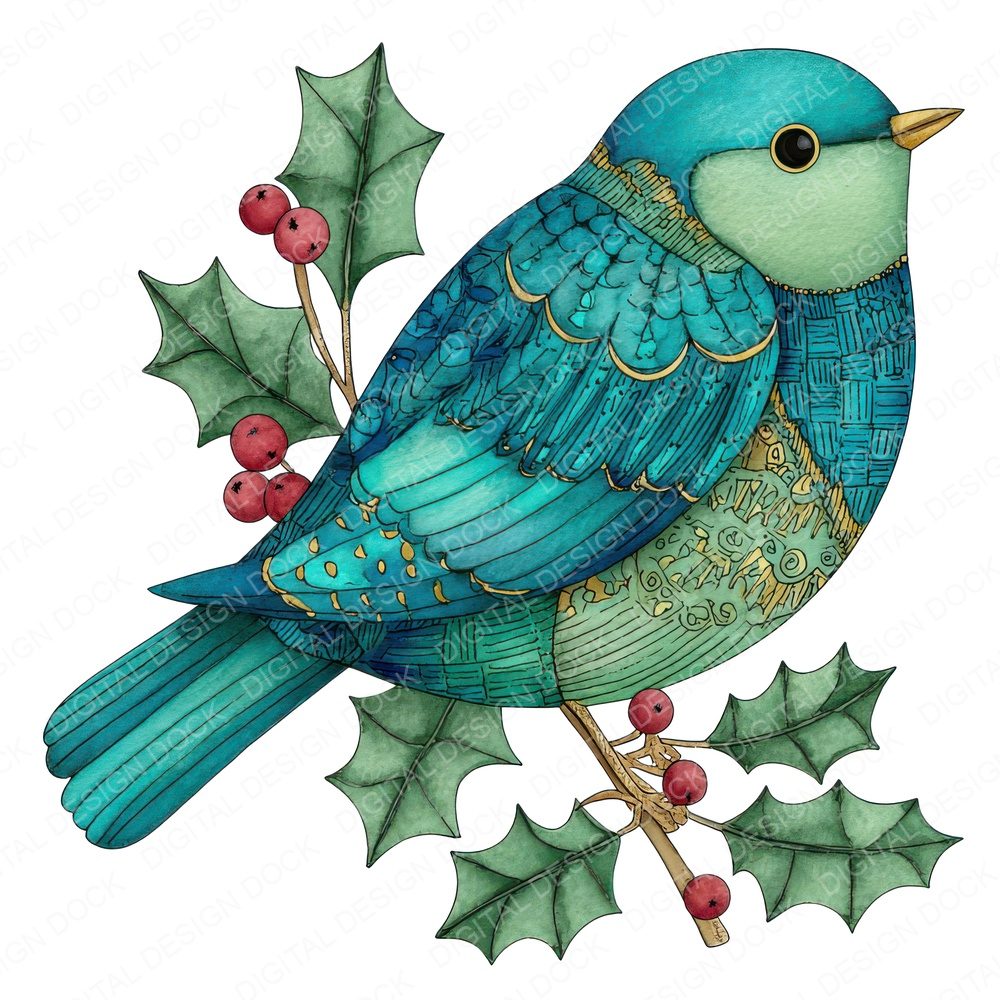 Christmas Folk Art Bird Clipart Set (DDD004873)