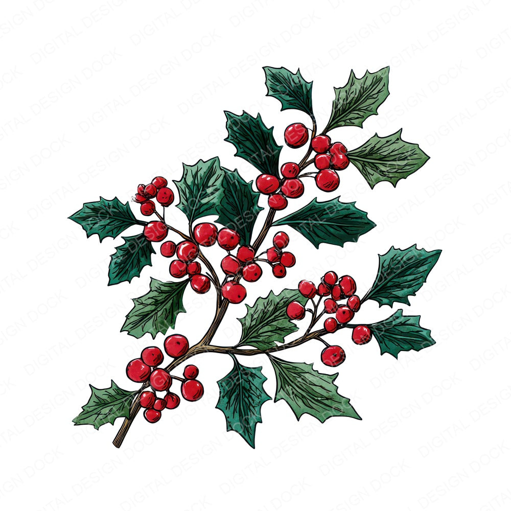 Christmas Folk Art Holly fussy cut sheet in A4 format showing all 12 designs on one printable page