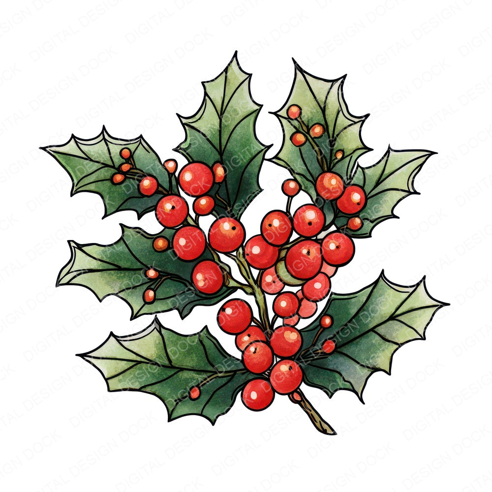 Christmas Folk Art Holly fussy cut sheet in US Letter format showing all 12 designs on one printable page