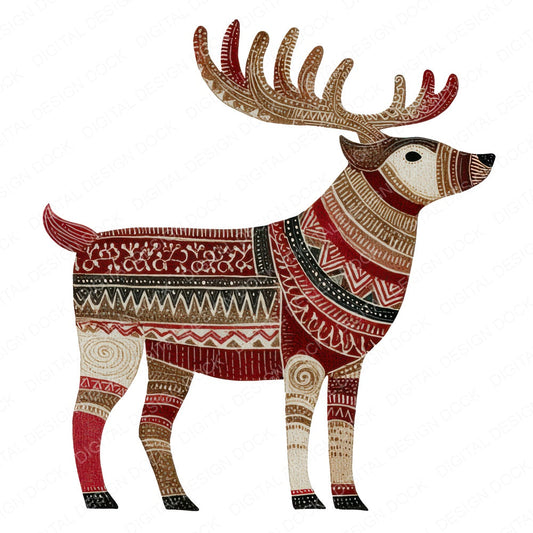 Christmas Folk Art Reindeer fussy cut sheet in US Letter format showing all 12 designs on one printable page