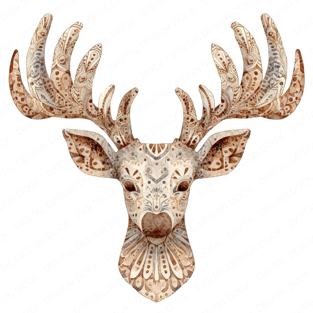 Christmas Folk Art Reindeer Head B fussy cut sheet in A4 format showing all 12 designs on one printable page