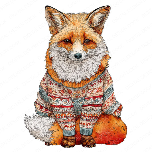 Christmas Fox in Jumper fussy cut sheet in US Letter format showing all 12 designs on one printable page