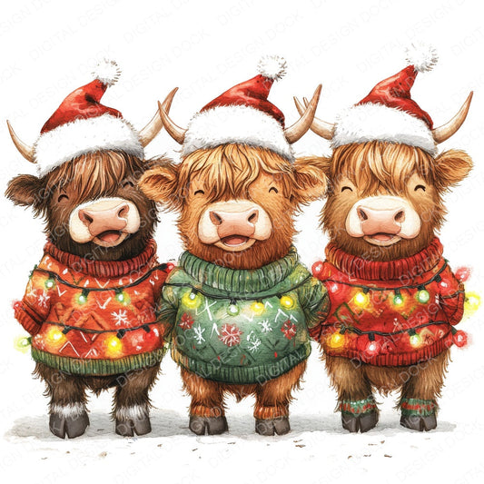 Christmas Highland Cow Group fussy cut sheet in A4 format showing all 12 designs on one printable page