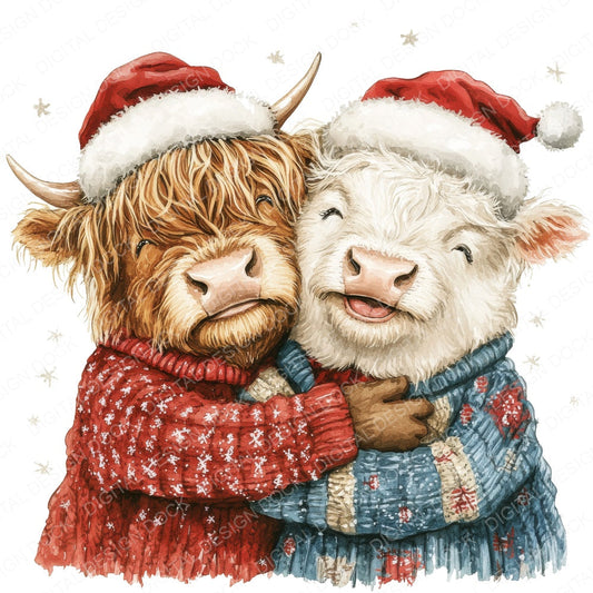 Christmas Hugging Highland Cow fussy cut sheet in A4 format showing all 12 designs on one printable page
