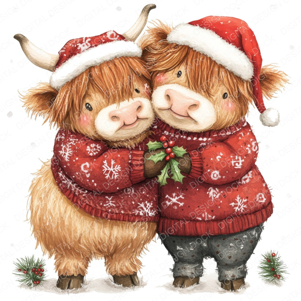 Christmas Hugging Highland Cow fussy cut sheet in US Letter format showing all 12 designs on one printable page