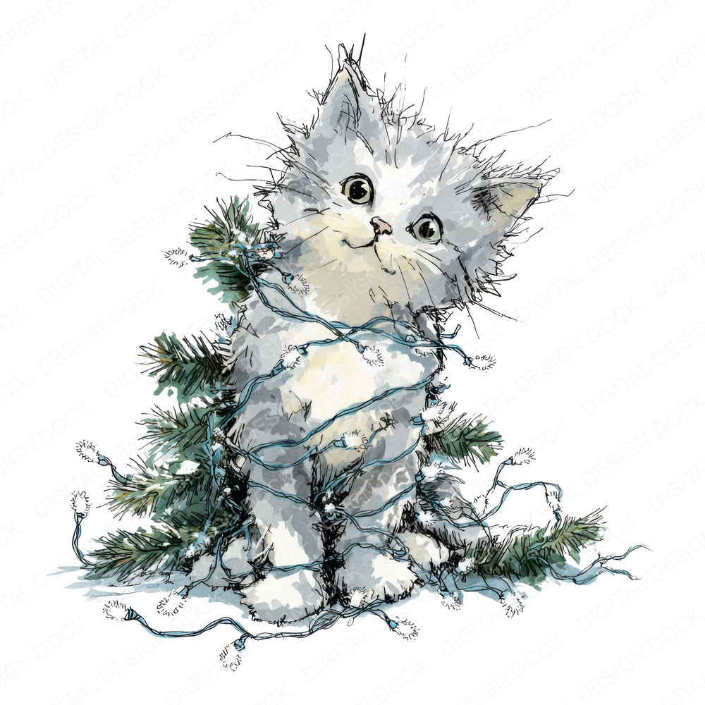Christmas Kitten with Tinsel fussy cut sheet in A4 format showing all 12 designs on one printable page
