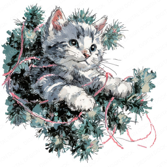 Christmas Kitten with Tinsel fussy cut sheet in US Letter format showing all 12 designs on one printable page