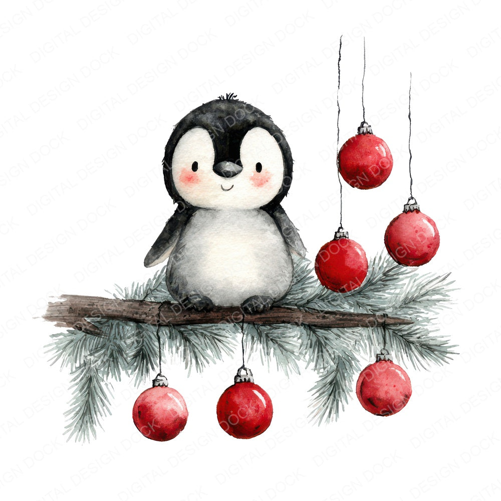 Christmas Penguin Hanging Baubles fussy cut sheet in A4 format showing all 12 designs on one printable page