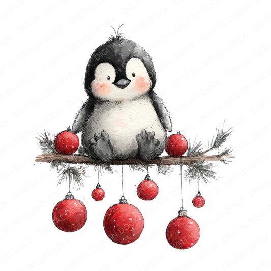 Christmas Penguin Hanging Baubles fussy cut sheet in US Letter format showing all 12 designs on one printable page