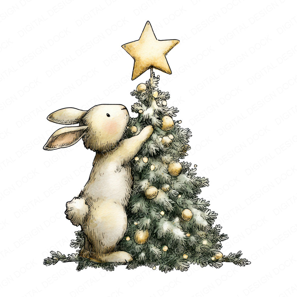 Christmas Rabbit Decorating Tree fussy cut sheet in A4 format showing all 12 designs on one printable page