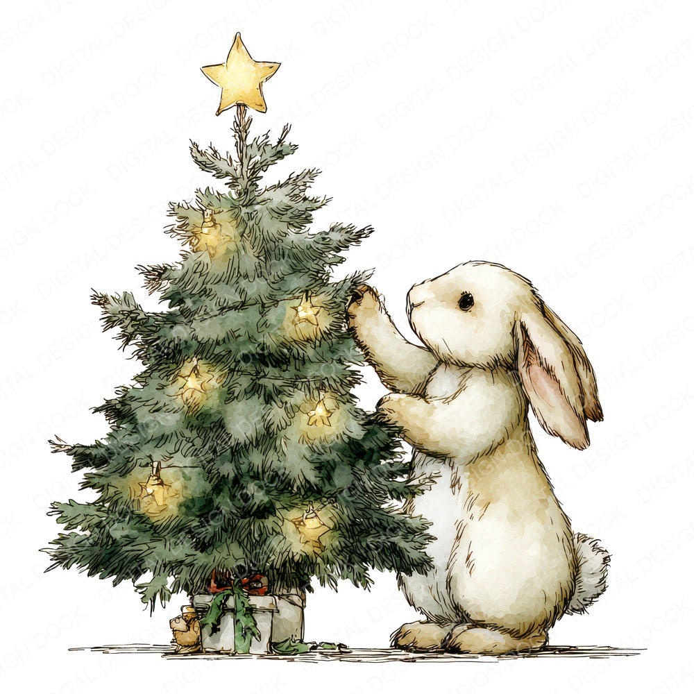 Christmas Rabbit Decorating Tree fussy cut sheet in US Letter format showing all 12 designs on one printable page