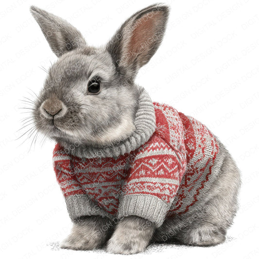 Christmas Rabbit in Jumper fussy cut sheet in A4 format showing all 12 designs on one printable page