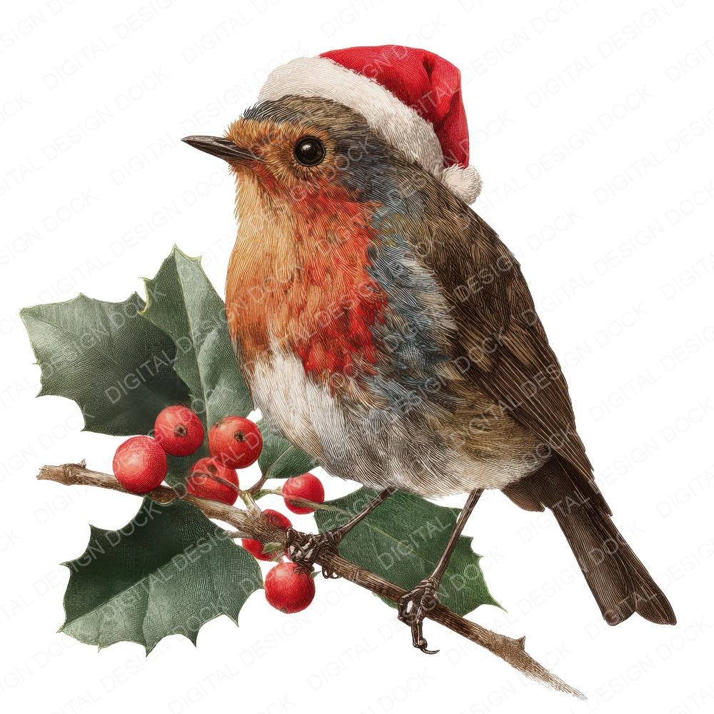 Christmas Robin on Holly Branch fussy cut sheet in US Letter format showing all 12 designs on one printable page