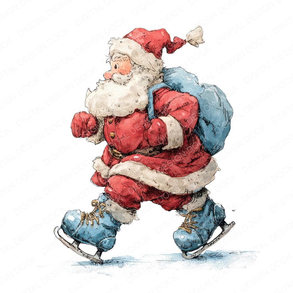 Christmas Santa Ice Skating fussy cut sheet in A4 format showing all 12 designs on one printable page