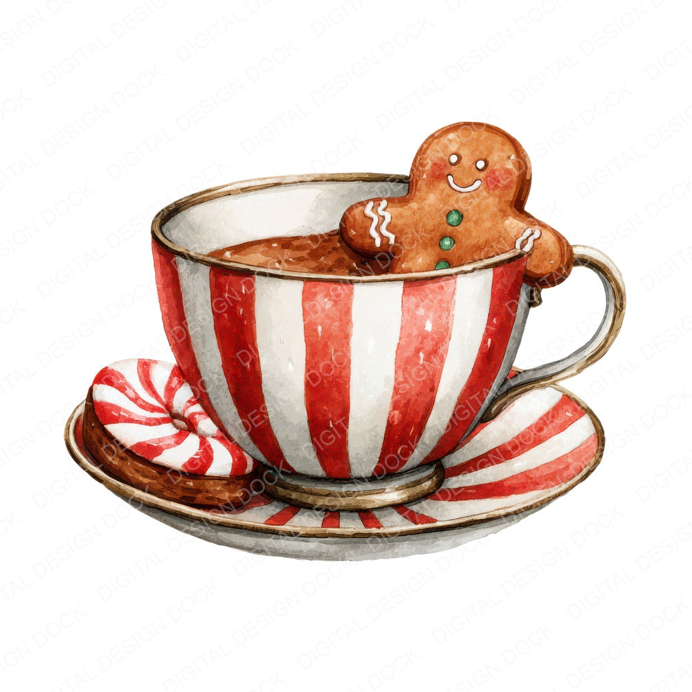 Christmas Teacup Gingerbread Cookie fussy cut sheet in US Letter format showing all 12 designs on one printable page