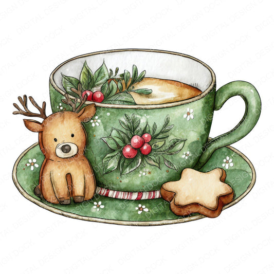 Christmas Teacup Reindeer Cookie fussy cut sheet in US Letter format showing all 12 designs on one printable page