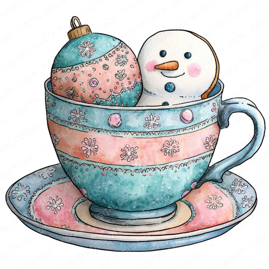 Christmas Teacup Snowman Cookie fussy cut sheet in A4 format showing all 12 designs on one printable page