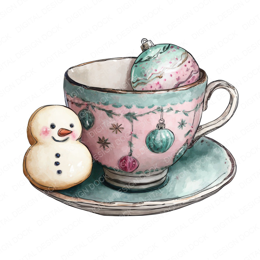 Christmas Teacup Snowman Cookie fussy cut sheet in US Letter format showing all 12 designs on one printable page