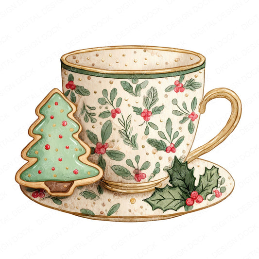 Christmas Teacup Tree Cookie fussy cut sheet in US Letter format showing all 12 designs on one printable page