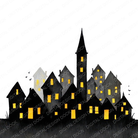 Christmas Village Silhouette fussy cut sheet in A4 format showing all 12 designs on one printable page