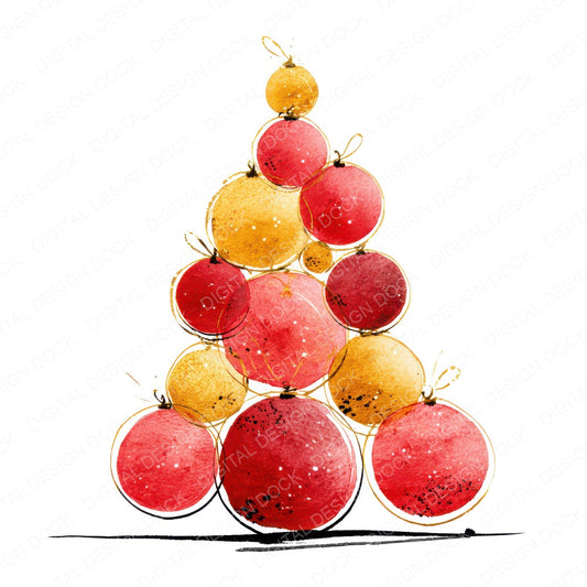 Christmas Watercolour Bauble Tree fussy cut sheet in A4 format showing all 12 designs on one printable page