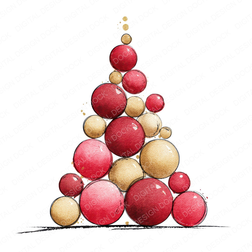 Christmas Watercolour Bauble Tree fussy cut sheet in US Letter format showing all 12 designs on one printable page