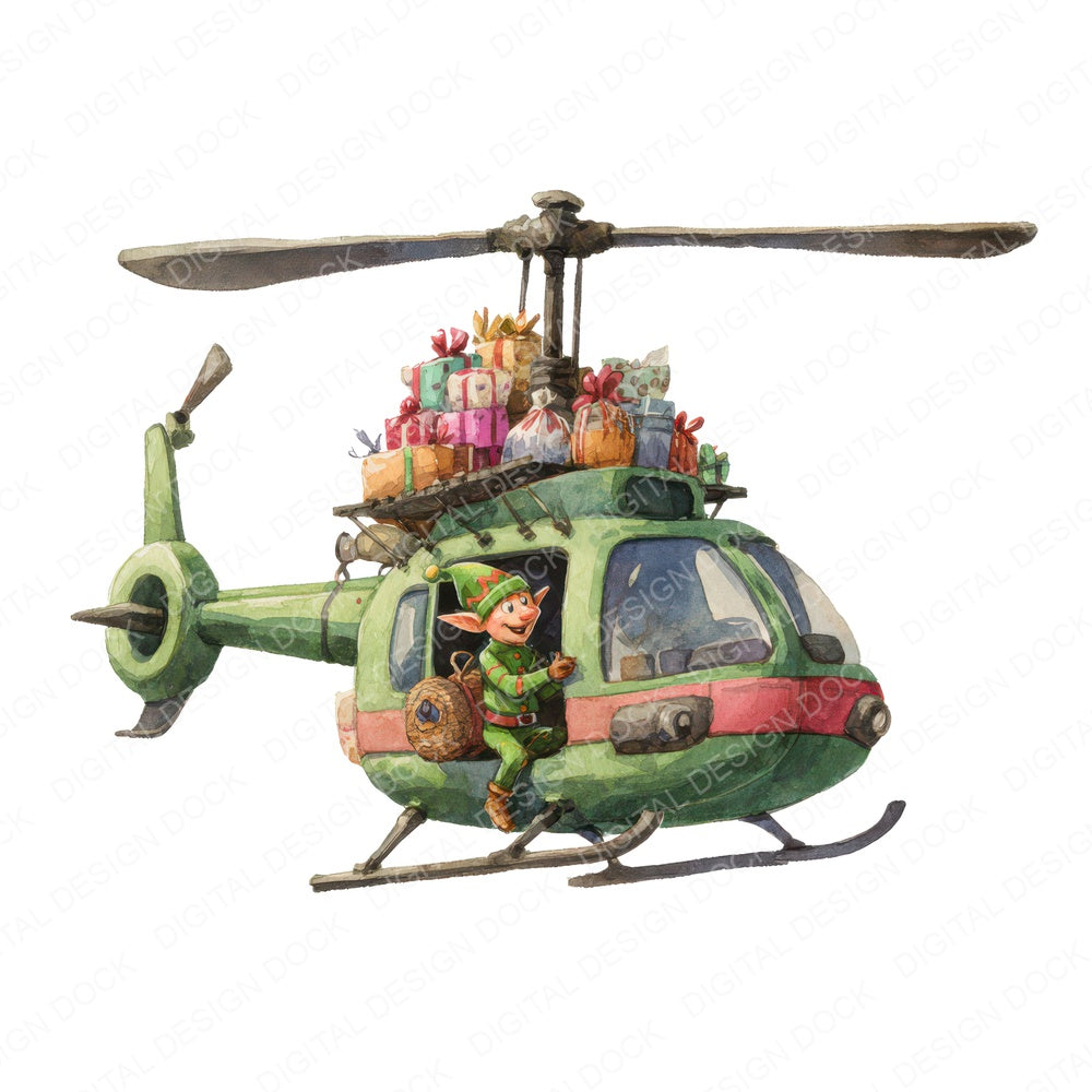Christmas Watercolour Elf Helicopter fussy cut sheet in A4 format showing all 12 designs on one printable page