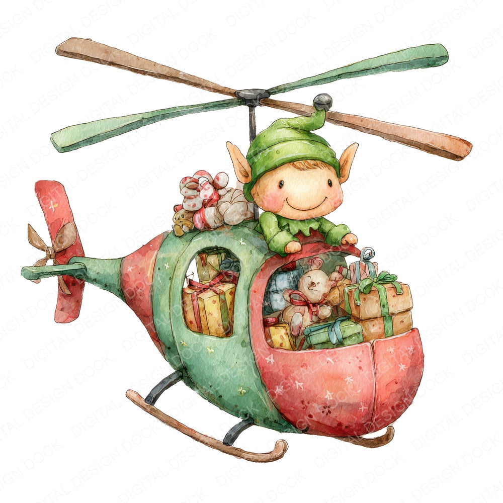 Christmas Watercolour Elf Helicopter fussy cut sheet in US Letter format showing all 12 designs on one printable page