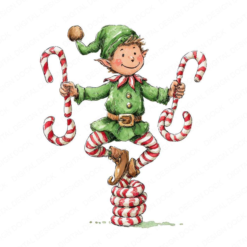 Christmas Watercolour Elf Juggler fussy cut sheet in US Letter format showing all 12 designs on one printable page