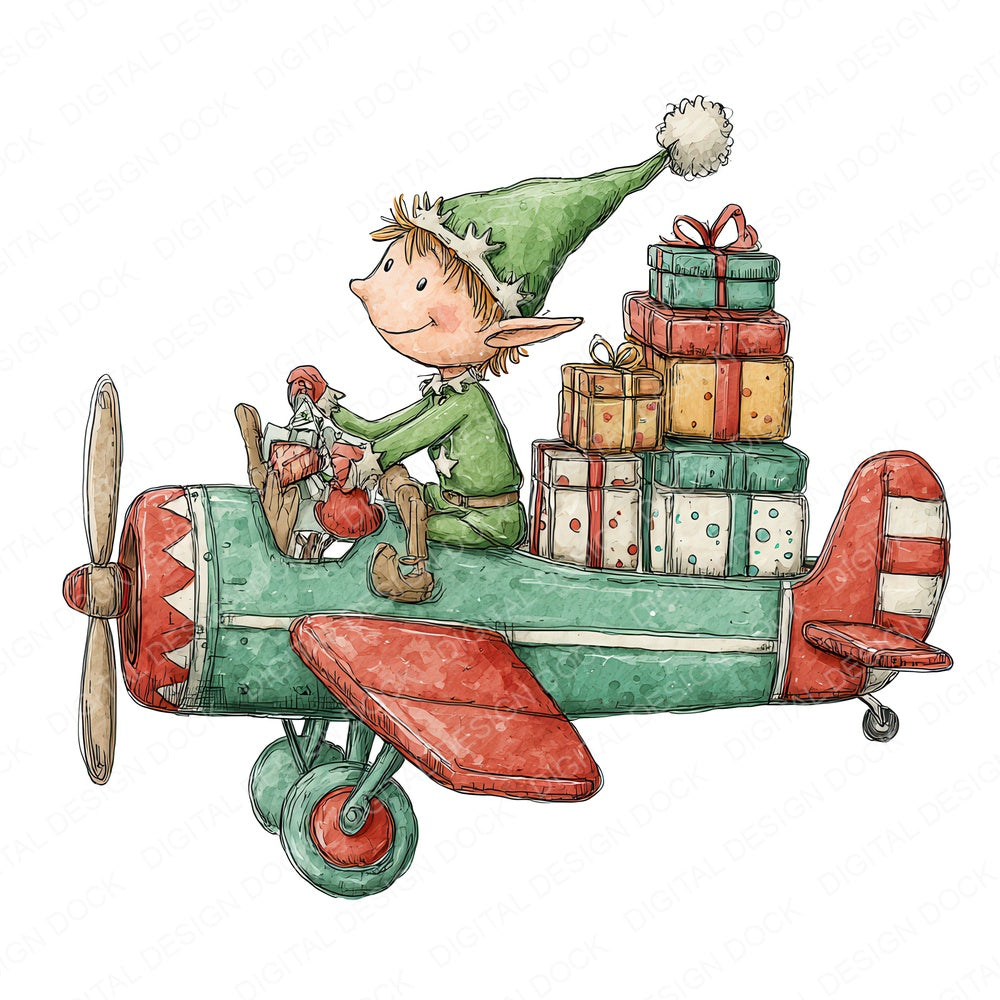 Christmas Watercolour Elf Plane fussy cut sheet in A4 format showing all 12 designs on one printable page