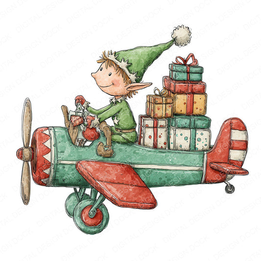 Christmas Watercolour Elf Plane fussy cut sheet in A4 format showing all 12 designs on one printable page
